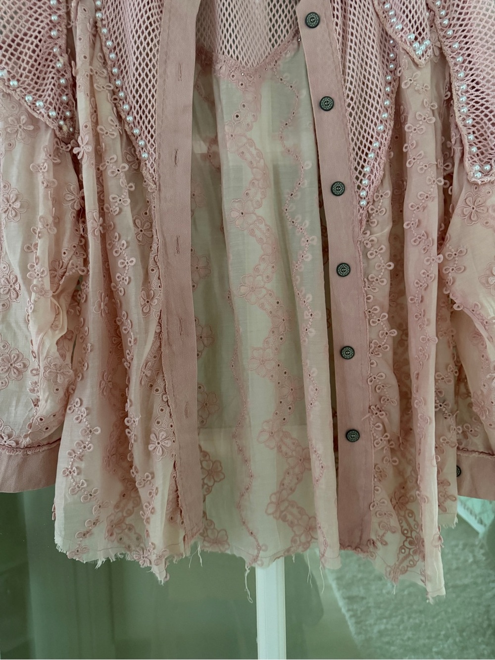 POL Boho Pink Embroidered Mesh Button-Front Women's Top - Picture 4 of 7
